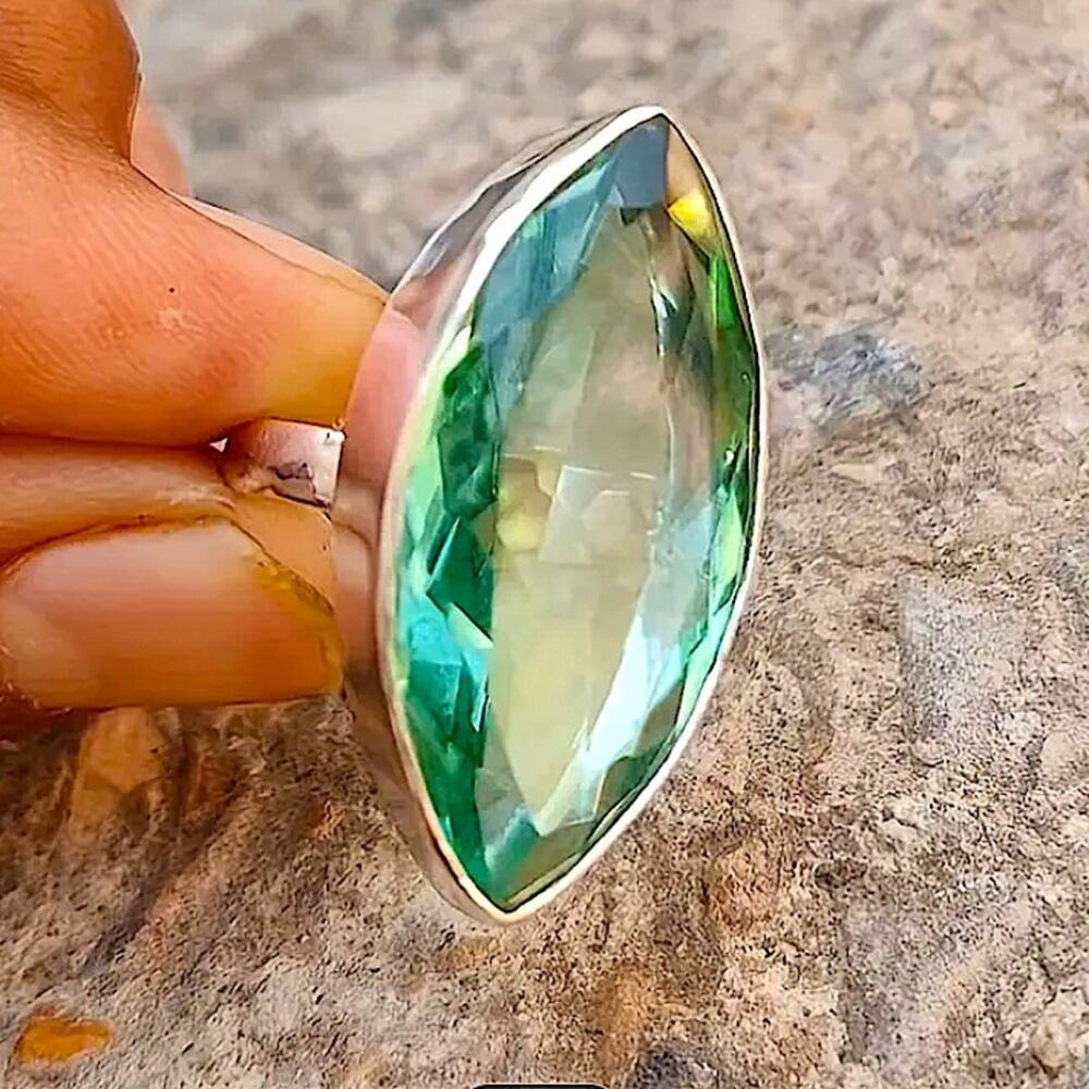 Sterling Silver Aquamarine Zircon Ring, Large Stone, Cocktail